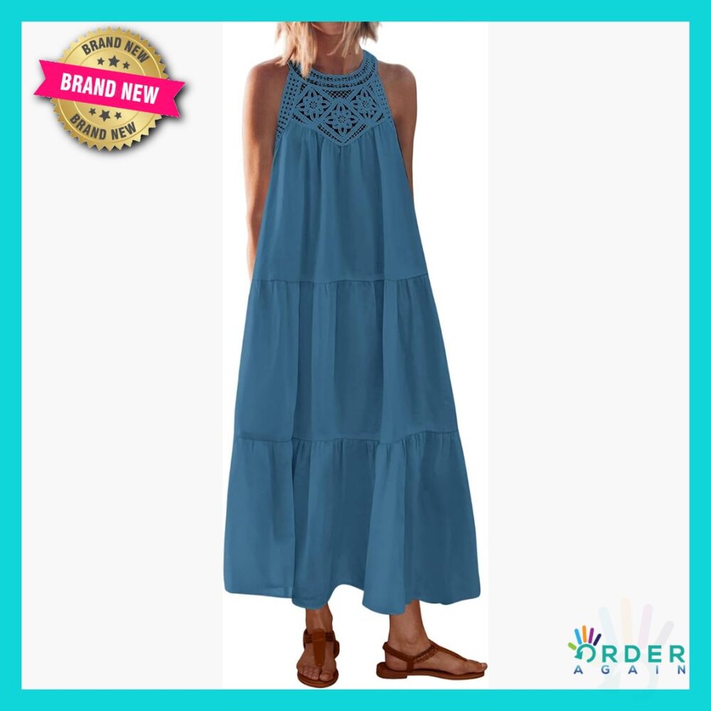 Boho Halter Maxi Dress Hollow Out Sleeveless Casual Beach Vacation Summer
